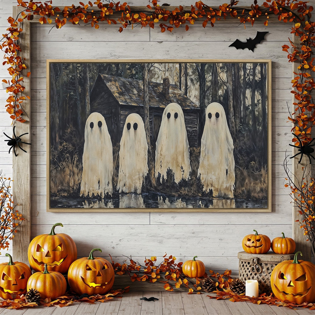 Framed Wall Art: Spooky Halloween canvas print featuring ghosts in a dark forest, with orange and brown autumn decor. Perfect for seasonal home decor!