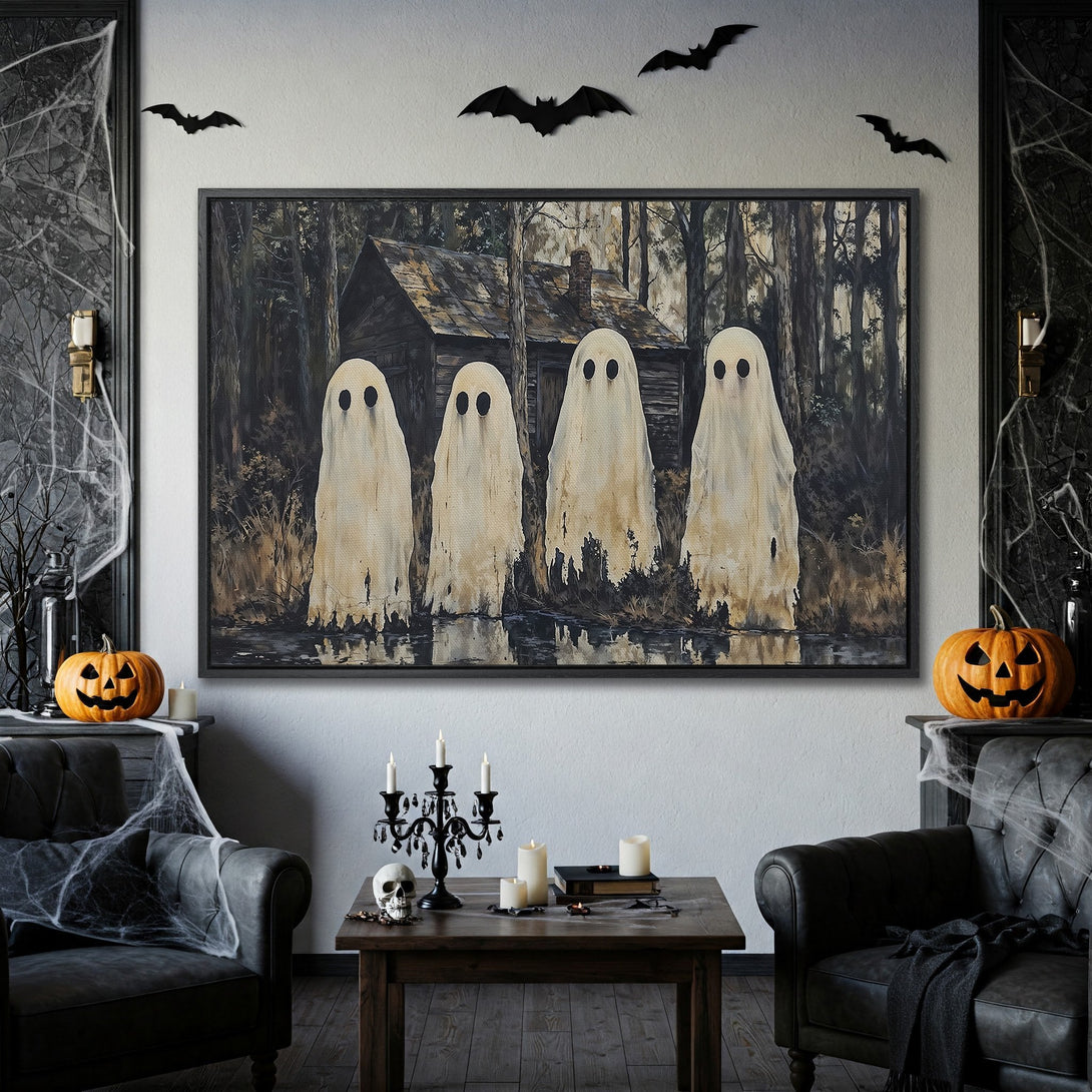 Framed Wall Art: Spooky Halloween scene with ghostly figures, dark forest backdrop, and a muted, eerie color palette. Perfect for seasonal decor!