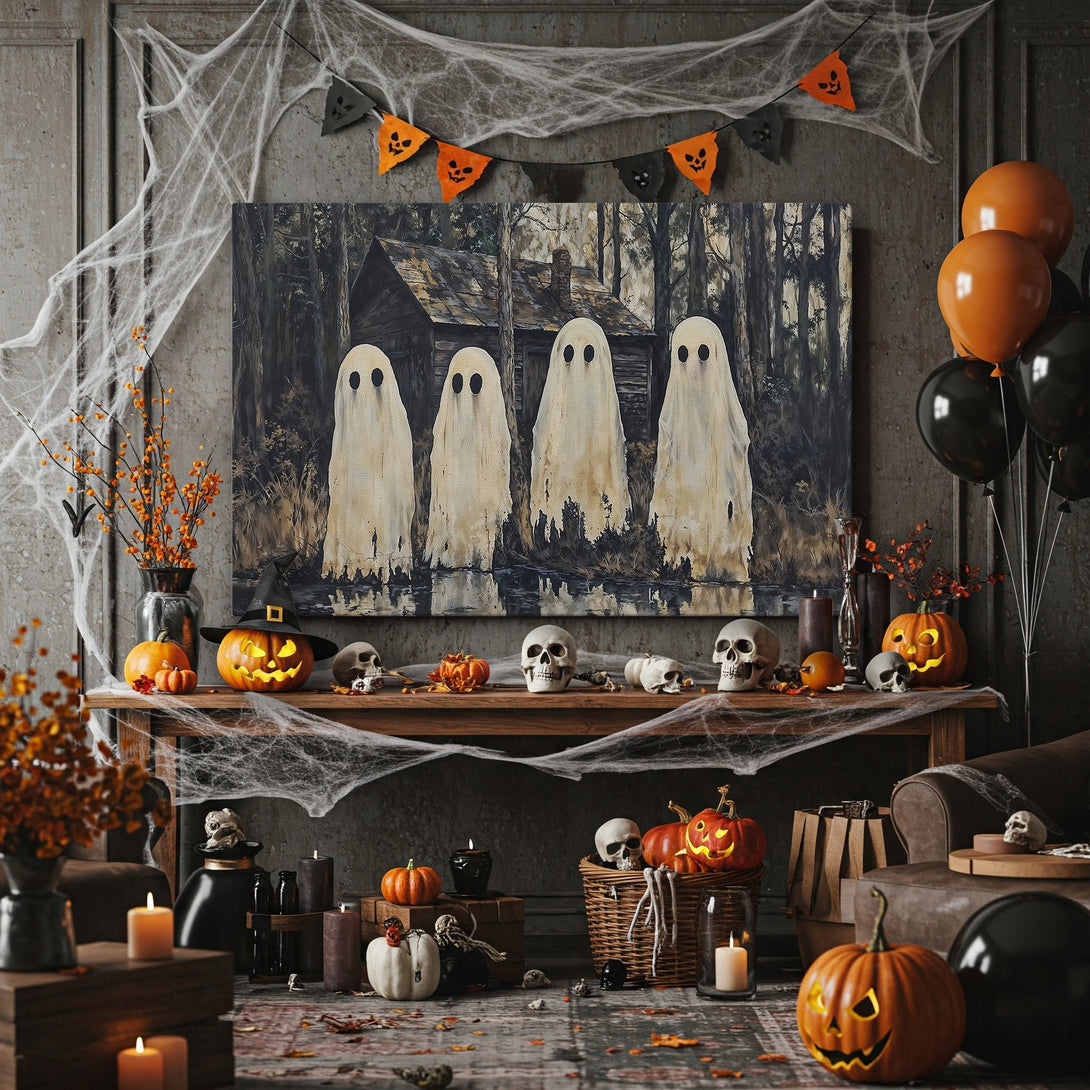 Framed Wall Art: Spooky ghost painting in a dark, moody style. Perfect Halloween decor with a neutral, earthy color palette. Add a touch of fright!