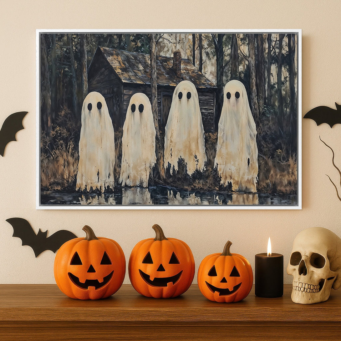 Framed Wall Art: Spooky Halloween scene with ghosts, cabin, and dark forest. Neutral, earthy tones. Perfect for a haunted house vibe.