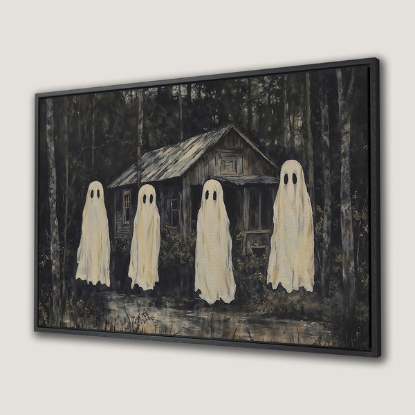 Framed Wall Art: Spooky ghost painting in dark forest, neutral color palette. Perfect Halloween decor. Add a touch of eerie charm to your space!