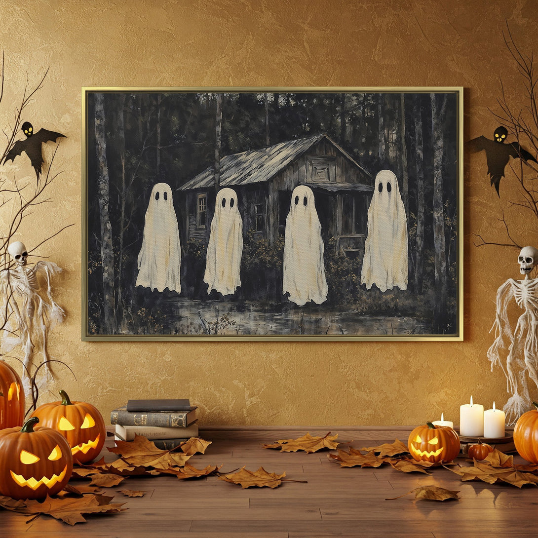 Halloween Canvas Print featuring spooky ghosts in a dark forest. Rustic style with orange, black, and gray color palette, perfect for seasonal decor.