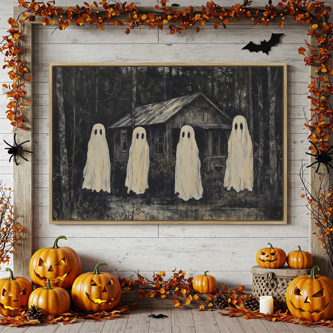 Framed Wall Art: Spooky Halloween scene with ghosts, cabin, and dark, moody color palette. Perfect for fall decor.