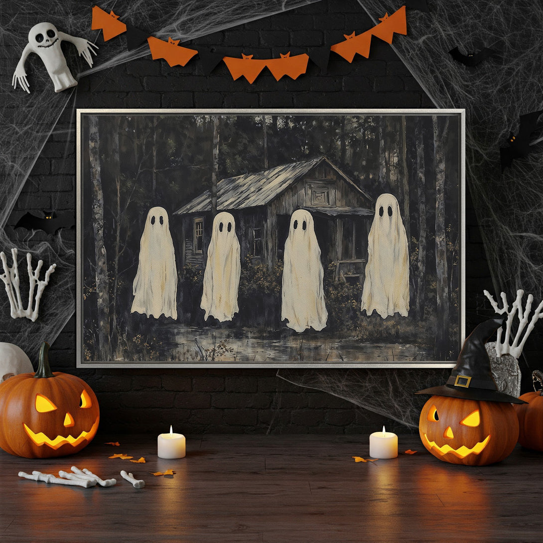 Framed Wall Art: Spooky Halloween scene with ghosts in a dark forest, moody color palette. Perfect for a haunted house vibe!