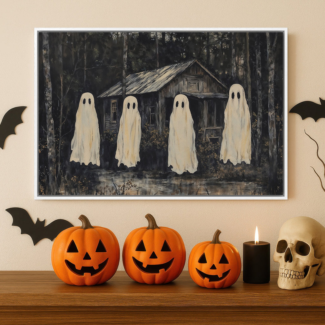 Framed Wall Art: Spooky Halloween scene with ghosts & cabin in a dark, moody style. Perfect for Halloween decor! Black, white, and orange color palette.