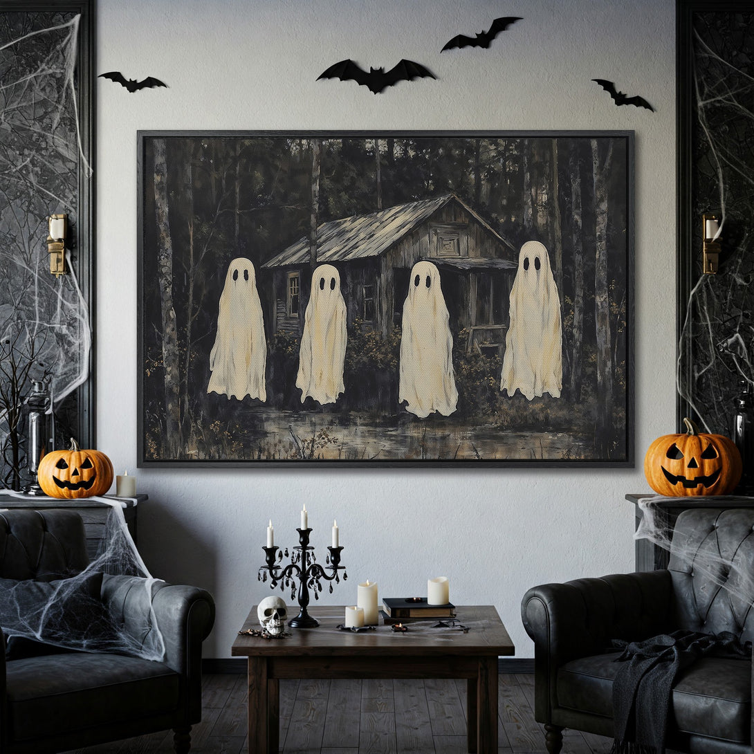 Framed Wall Art: Spooky Halloween scene with ghosts, cabin, and dark forest. Moody, monochrome color palette. Perfect for Halloween decor!