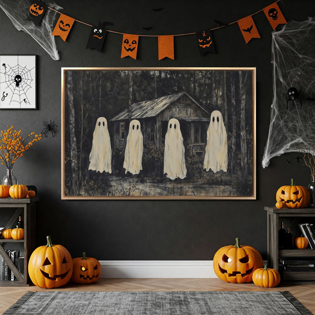 Framed Wall Art: Spooky Halloween scene with ghosts in a dark forest. Neutral color palette with hints of orange. Perfect for seasonal decor!