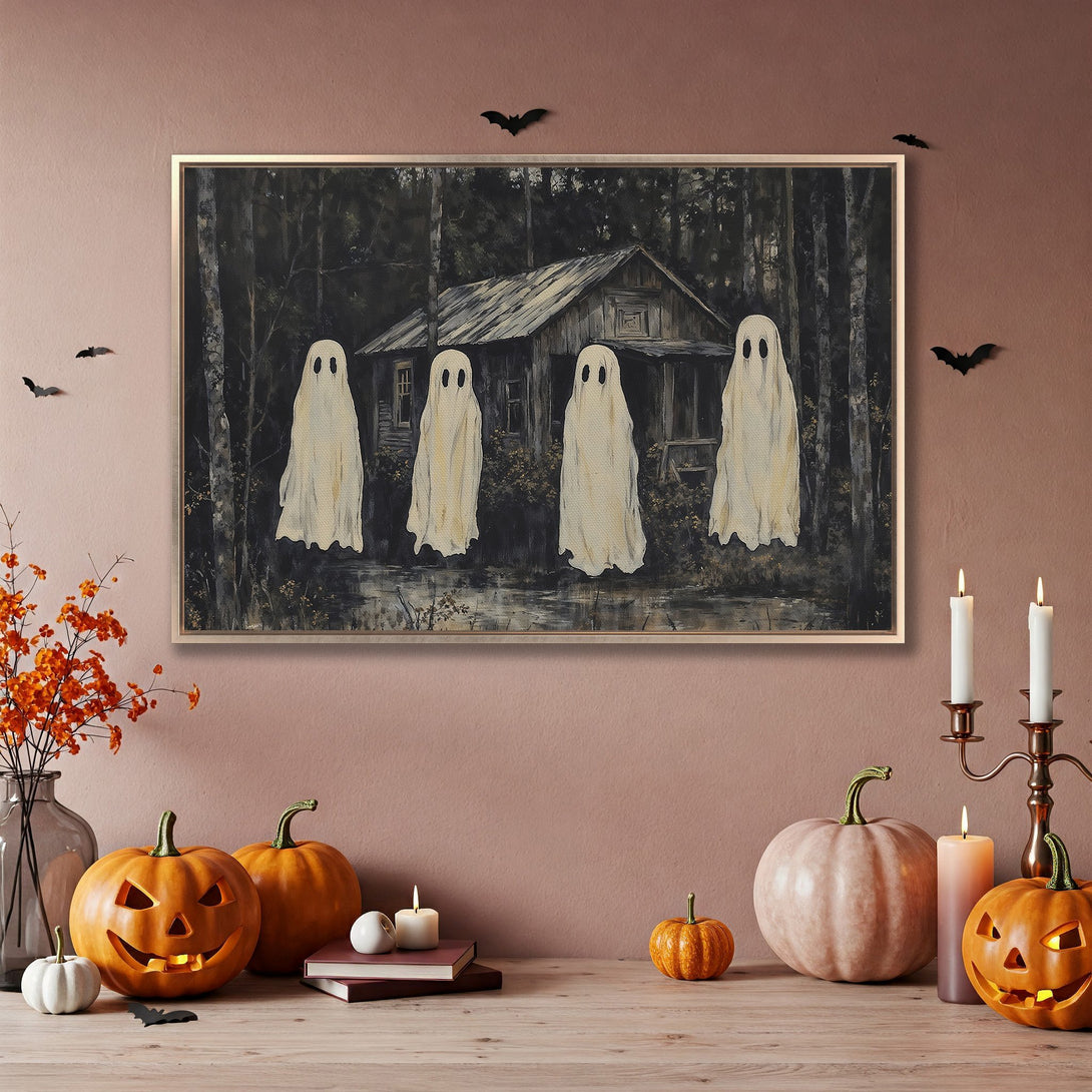 Framed Wall Art featuring spooky ghosts in a dark forest scene, perfect for Halloween decor. Moody, neutral color palette.