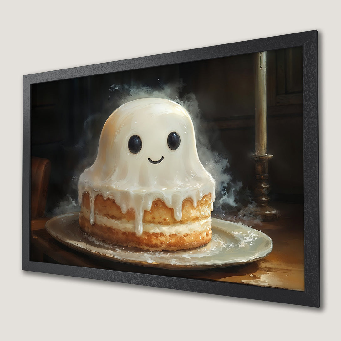 Framed Poster of a cute ghost cake illustration in a warm, inviting color palette. Perfect for Halloween decor!