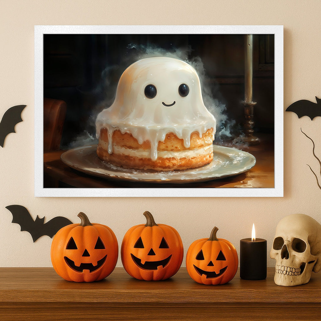 Framed Poster featuring a cute ghost cake in a warm, Halloween-themed color palette. Perfect spooky decor!