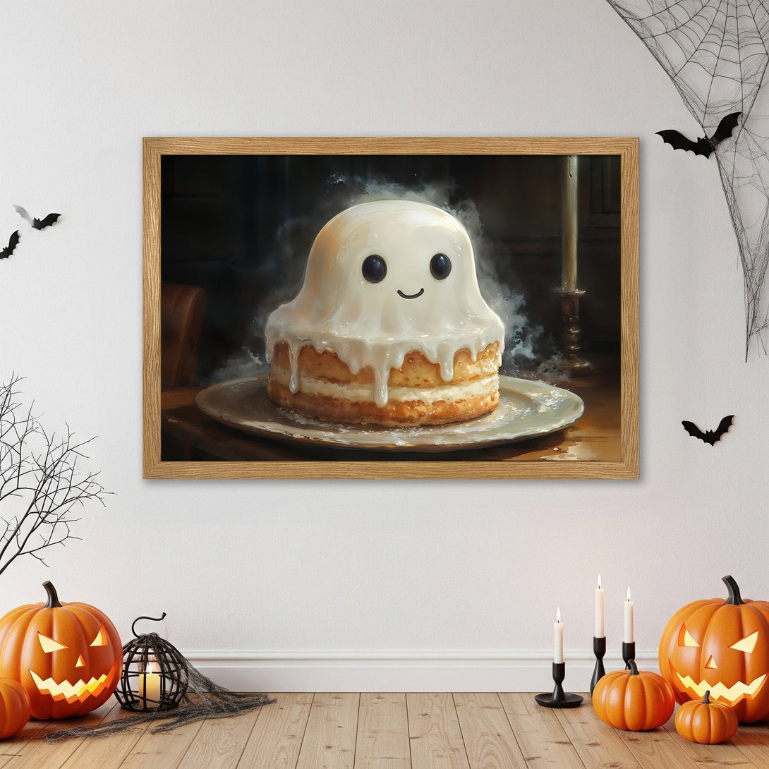 Framed Poster of a cute ghost cake in a warm, inviting style. Perfect Halloween decor! Featuring a neutral palette with pops of orange.