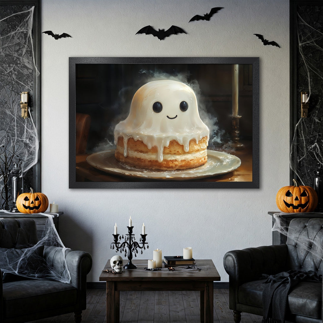 Framed Poster featuring a cute ghost cake illustration in a Halloween-themed room. Warm, inviting color palette. Perfect for spooky decor!