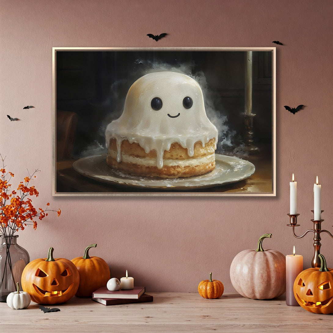 Framed Wall Art: Adorable ghost cake illustration in warm tones. Perfect Halloween decor for a cozy, inviting space.
