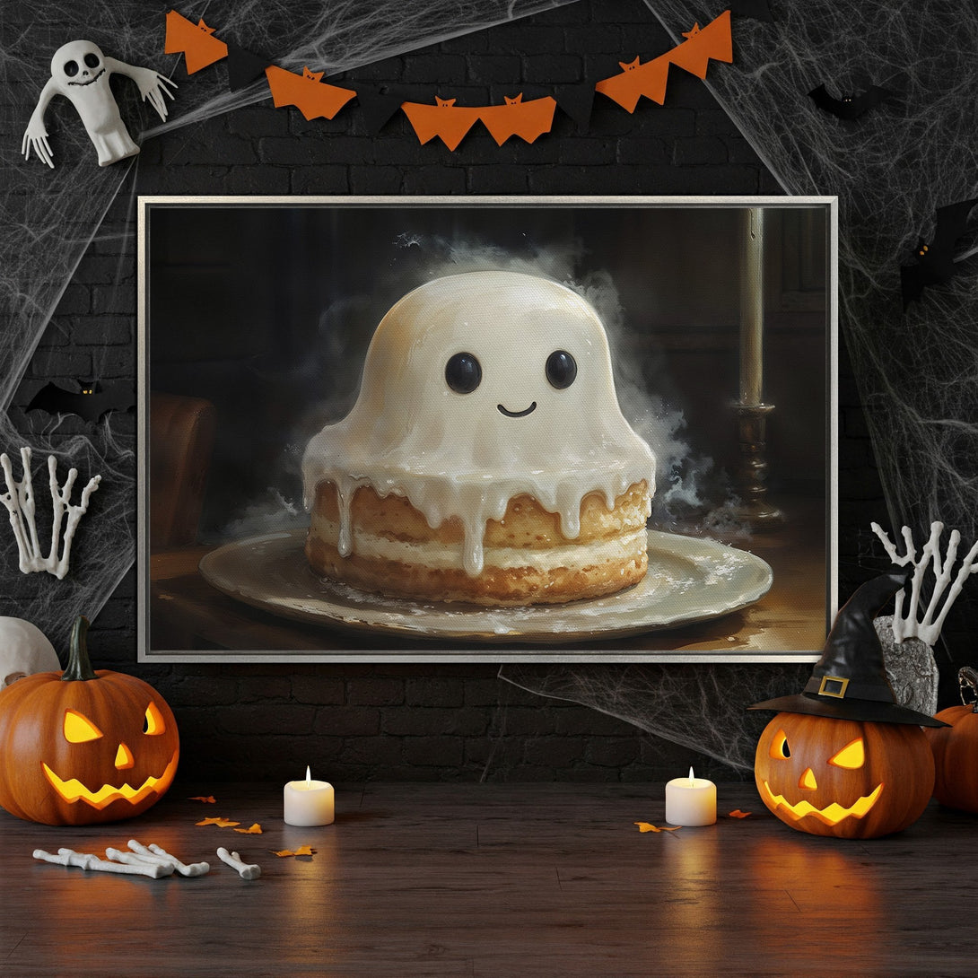 Framed Wall Art: Cute ghost cake illustration in a Halloween scene. Warm, inviting colors on a black brick wall. Perfect spooky decor!