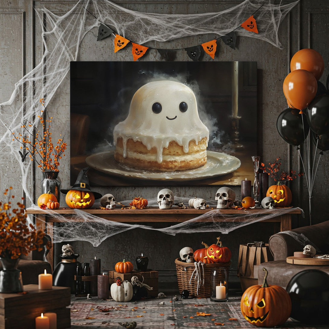 Framed Wall Art: Adorable ghost cake illustration in a Halloween scene. Warm color palette with gold frame. Perfect spooky decor for fall.