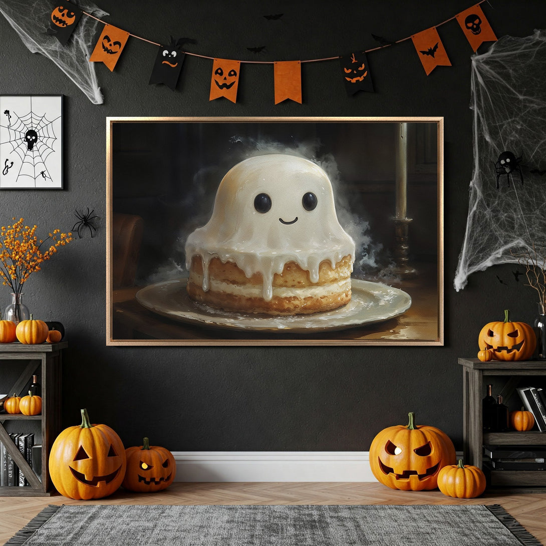 Framed Wall Art: Cute ghost cake painting in a Halloween-themed interior. Warm, inviting color palette with orange, black, and cream tones. Perfect for spooky decor!