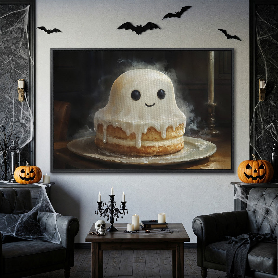 Framed Wall Art featuring a cute ghost cake in a spooky Halloween interior. Warm color palette with black frame. Perfect for seasonal decor!