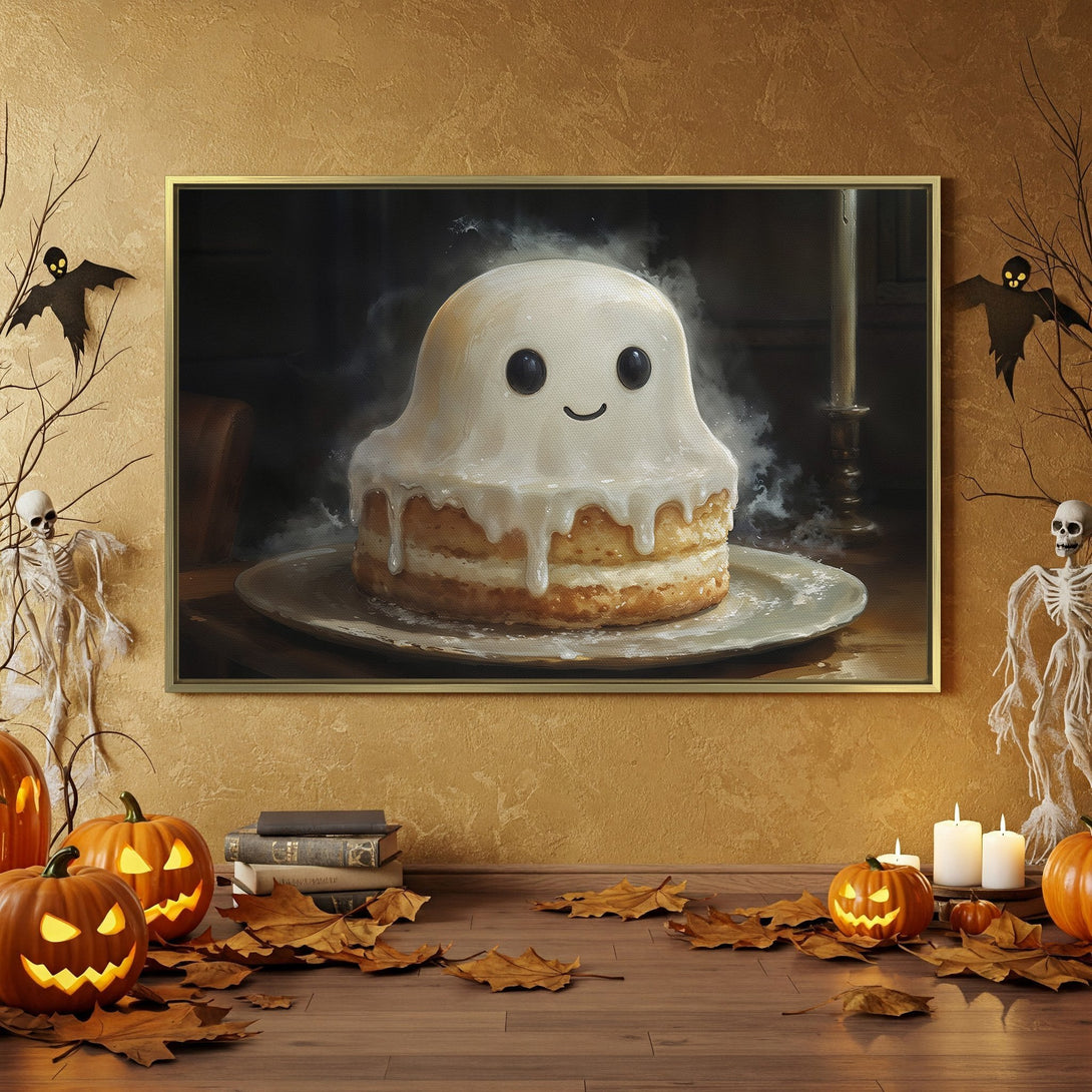 Canvas Print featuring a cute ghost cake, perfect for Halloween decor. Warm orange, black, and white color palette in a spooky interior setting.