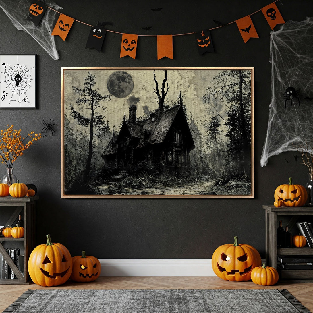 Framed Wall Art featuring a spooky house in a grayscale palette, perfect Halloween decor. Enhance your space with this eerie canvas print!