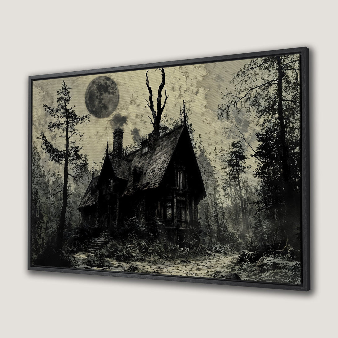 Framed Wall Art: Spooky gothic house canvas print. Dark, moody artwork with a full moon, trees, and a grayscale color palette. Perfect for Halloween decor!