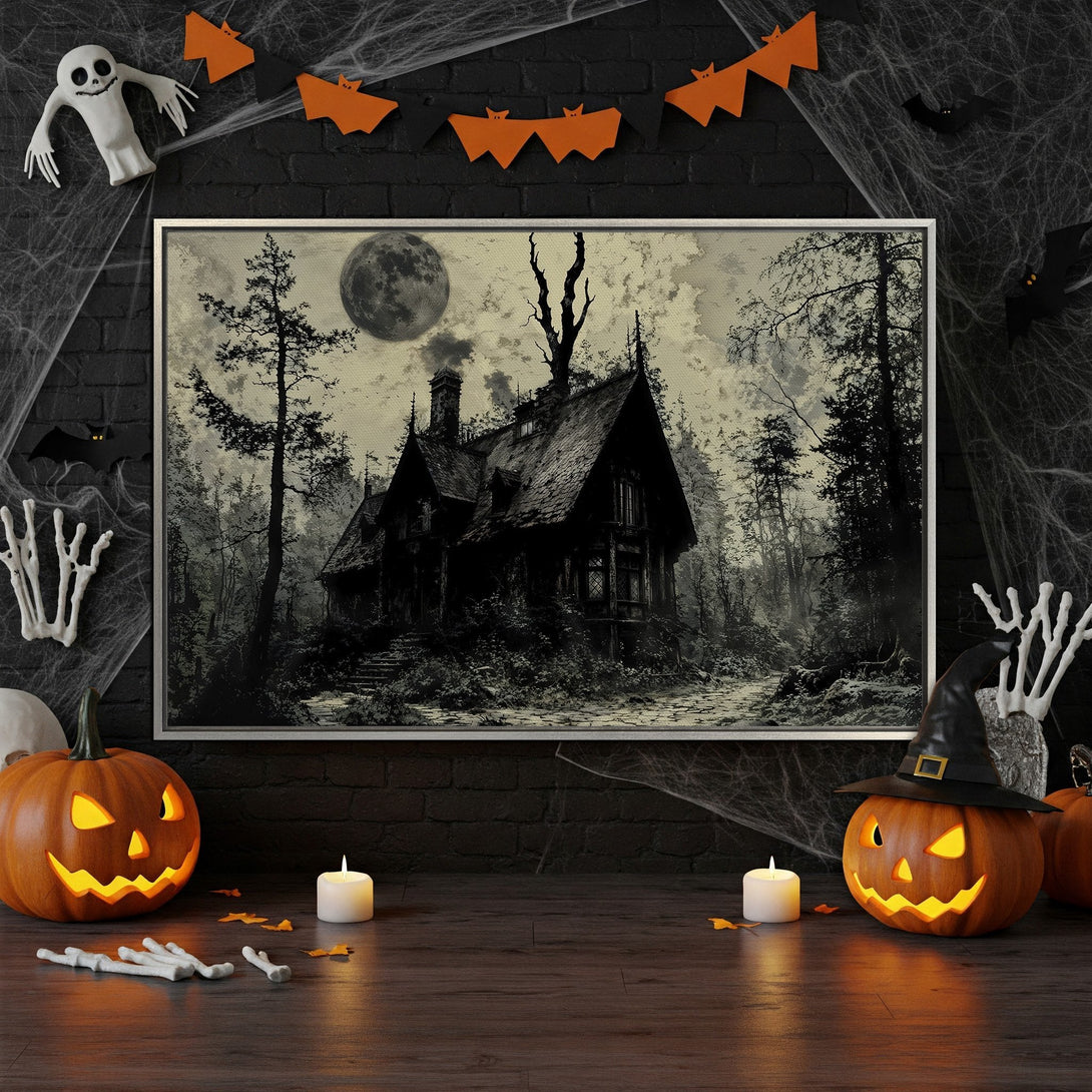 Framed Wall Art: Spooky Halloween scene with a haunted house print in grayscale. Perfect for adding a touch of eerie elegance to your home decor.