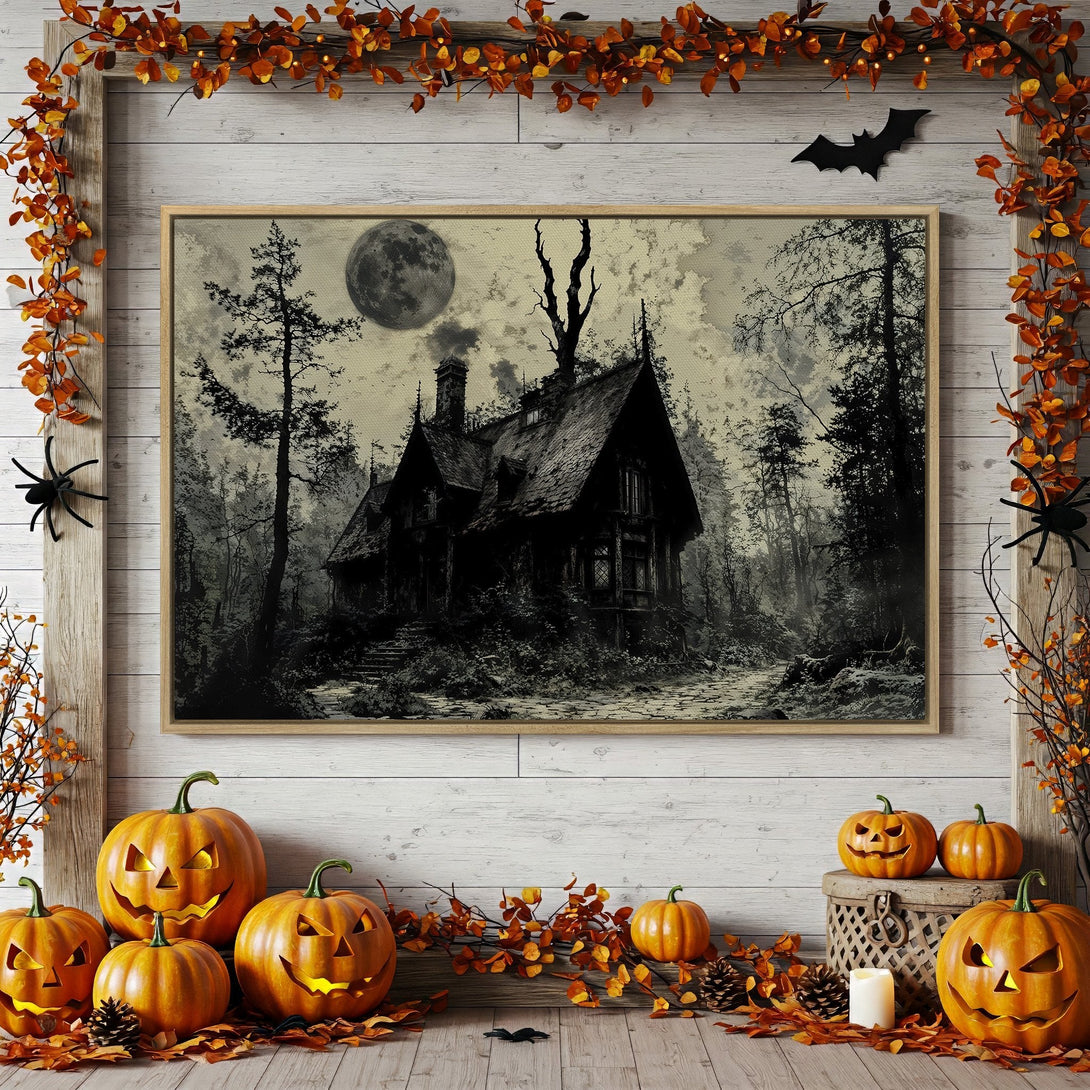 Framed Wall Art: Spooky haunted house canvas print in a vintage style, perfect for Halloween decor. Features a dark, moody color palette.