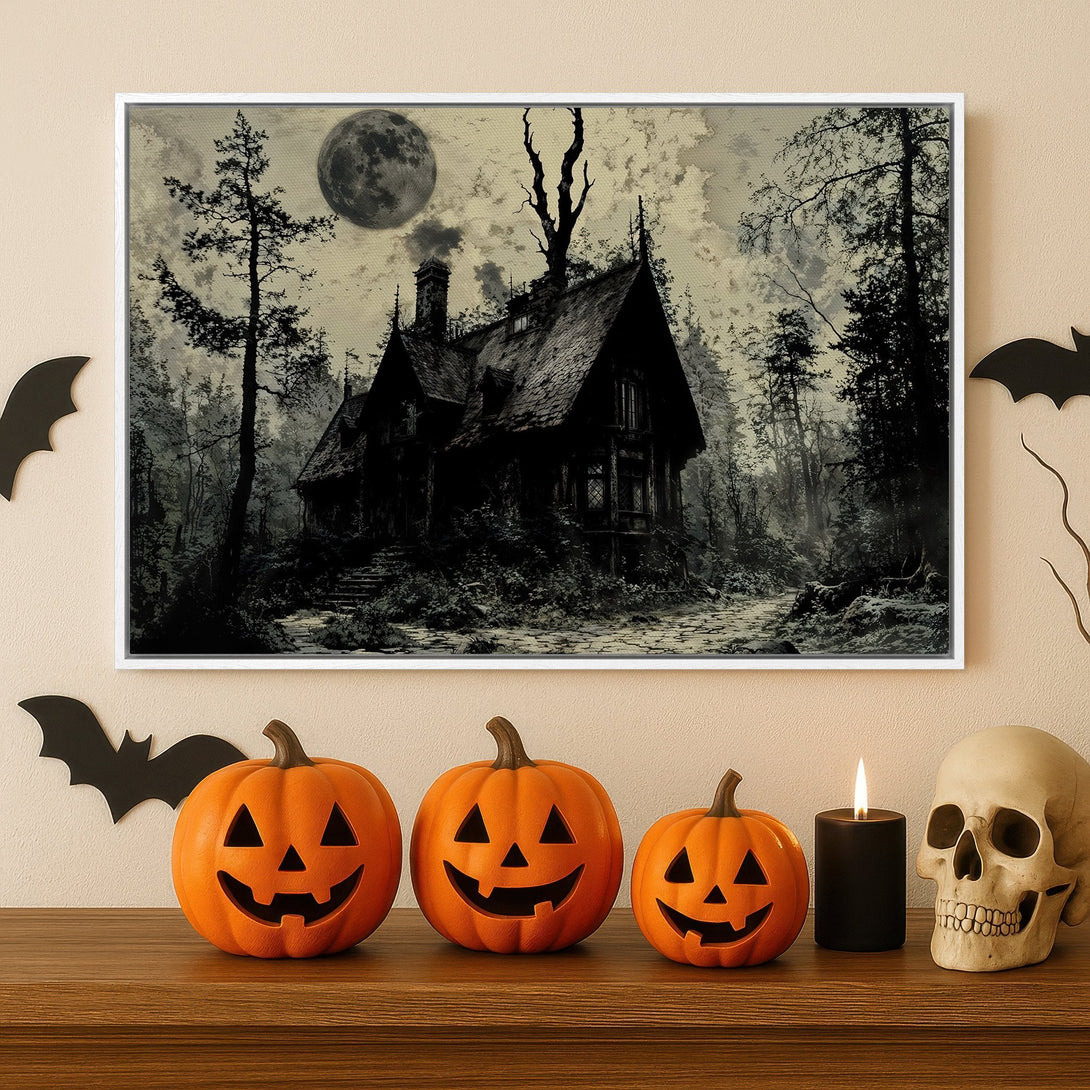 Framed Wall Art featuring a spooky house in a forest, perfect for Halloween decor. Monochrome palette with pops of orange.