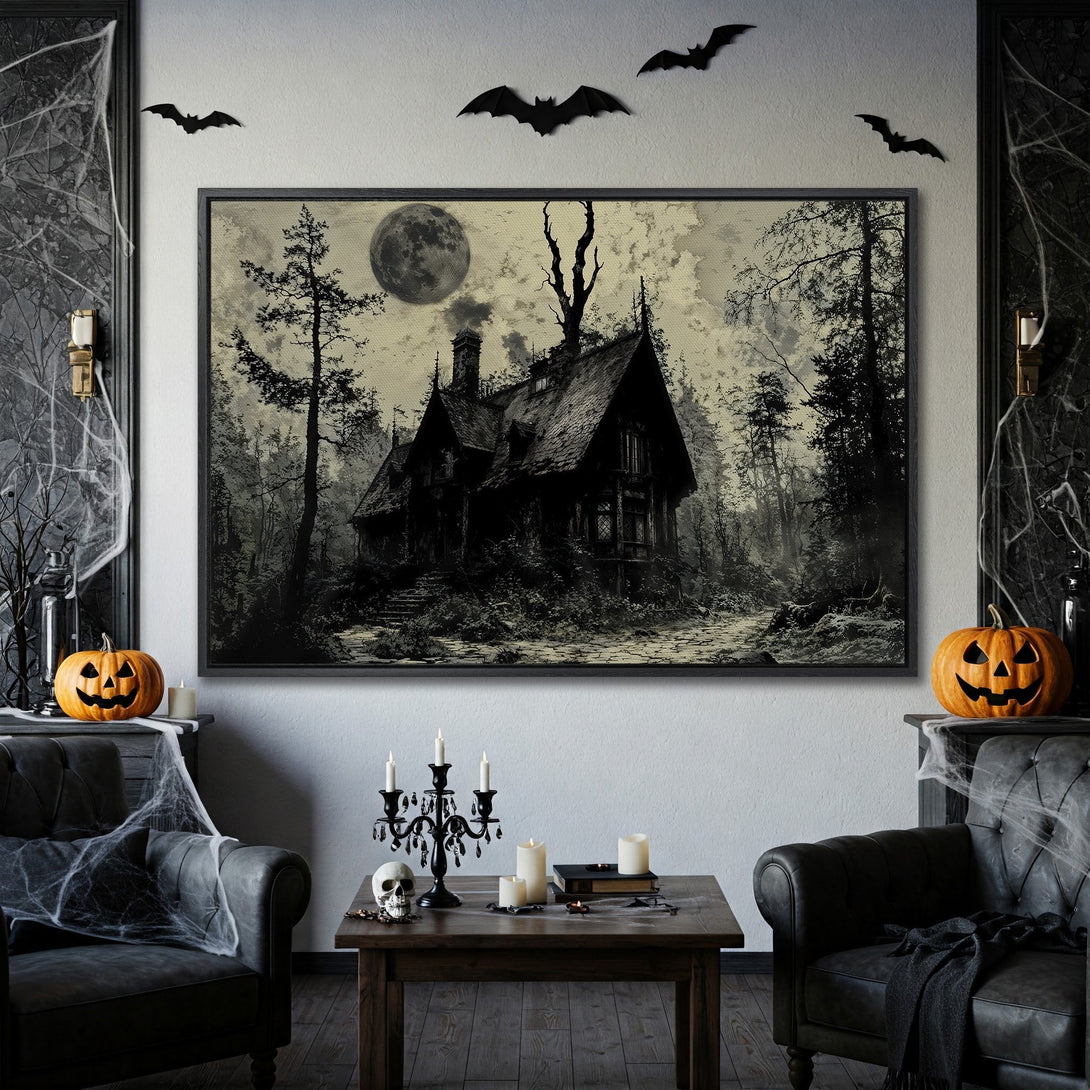 Framed Wall Art: Spooky haunted house canvas print in sepia tones. Gothic decor for Halloween. Add a touch of eerie elegance to your home!