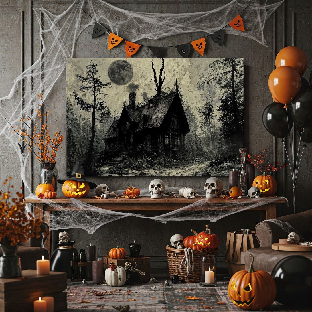 Framed Wall Art: Spooky haunted house print in monochrome tones. Perfect Halloween decor for a chilling, gothic aesthetic. Add a touch of mystery!