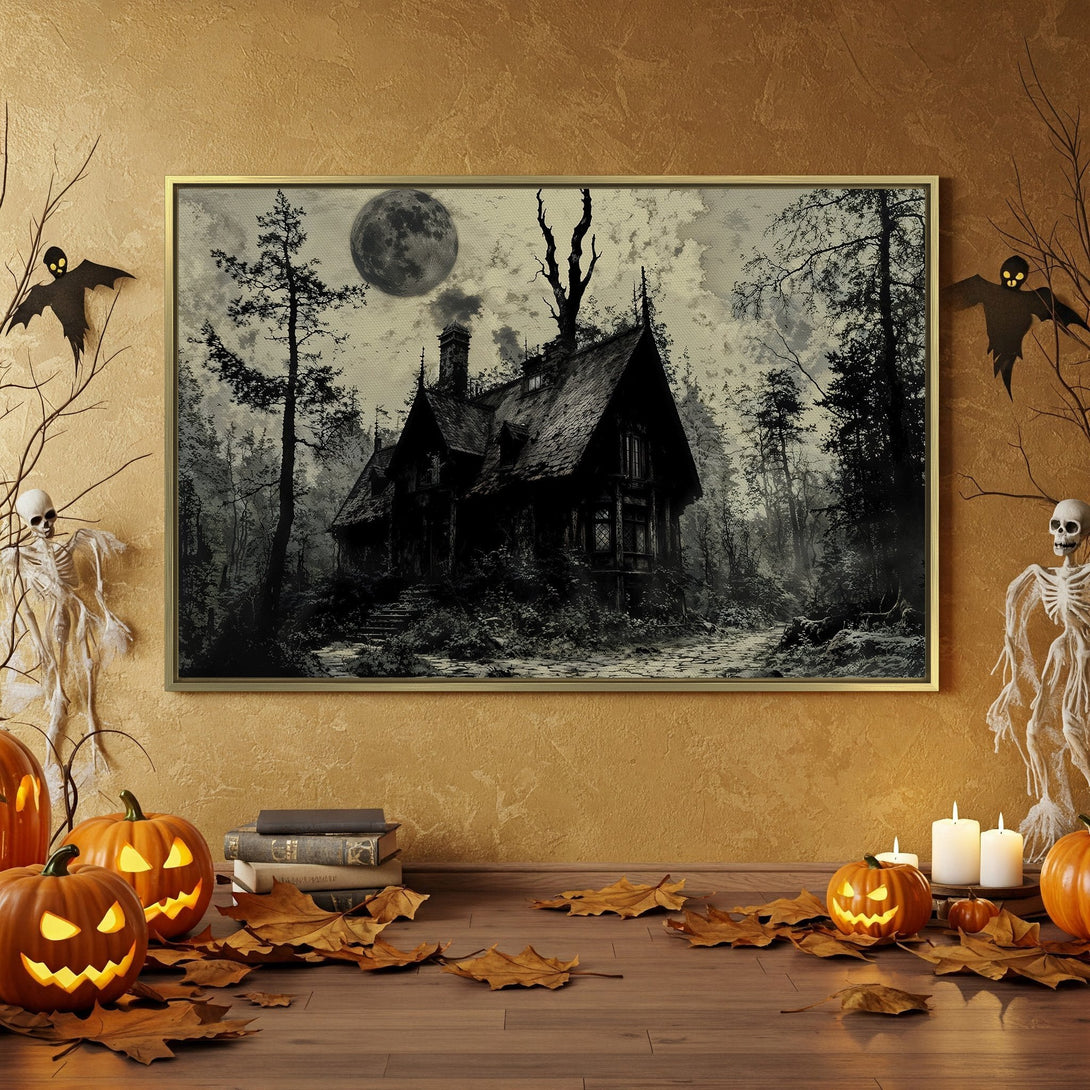 Canvas Print: Spooky Halloween scene with haunted house art, black & orange decor. Perfect for adding a touch of eerie elegance to your home.