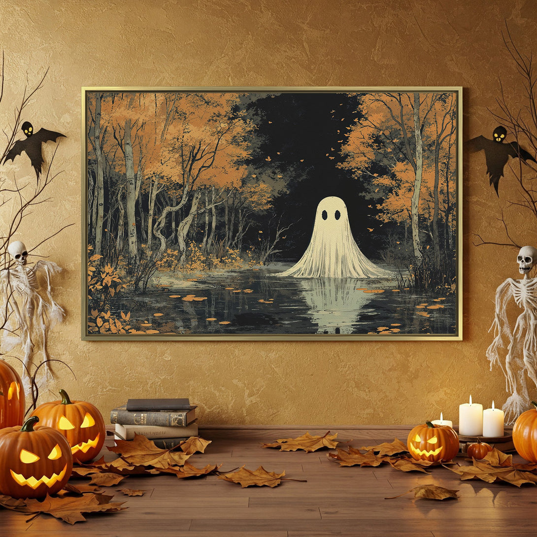 Canvas Print: Spooky ghost scene in a moody, autumnal color palette. Perfect Halloween decor! Framed Wall Art for your seasonal style.