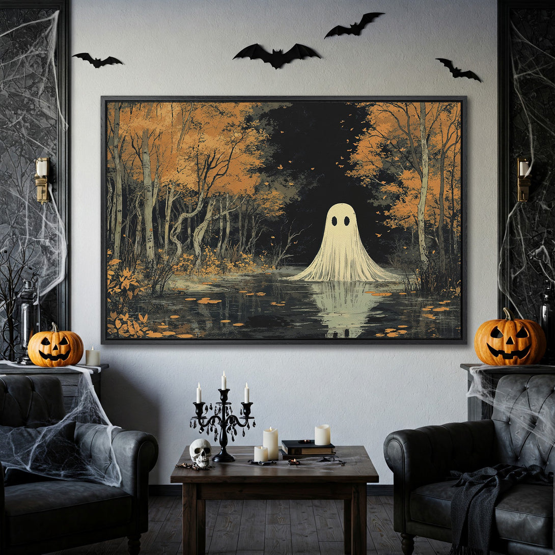 Framed Wall Art featuring a spooky ghost in a forest scene, with autumn colors. Perfect Halloween decor!