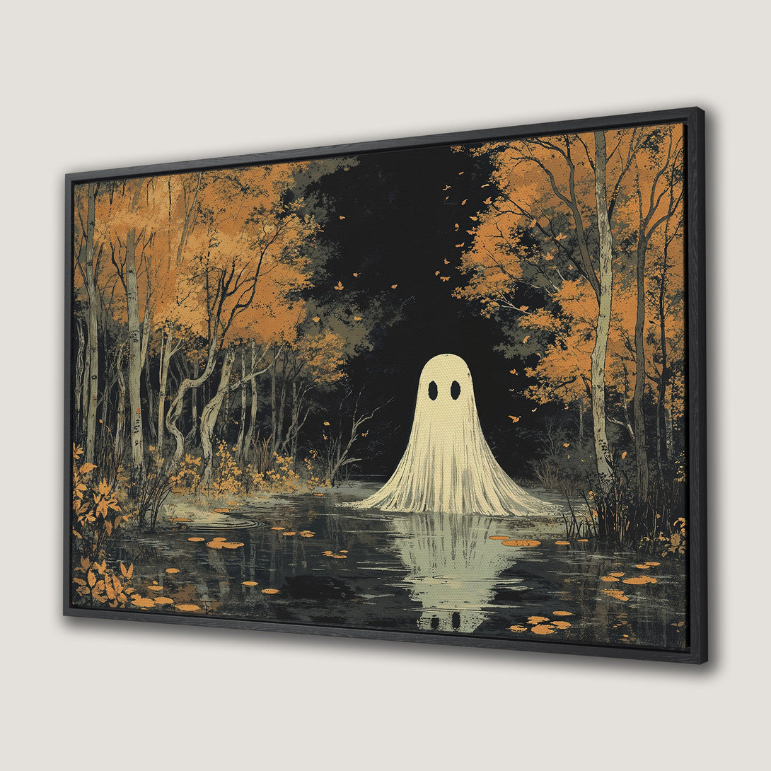 Framed Wall Art: Spooky ghost in a swamp scene with autumn colors. Vintage style Canvas Print perfect for Halloween decor.