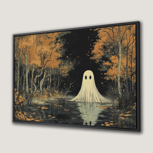 Framed Wall Art: Spooky ghost in a swamp scene with autumn colors. Vintage style Canvas Print perfect for Halloween decor.