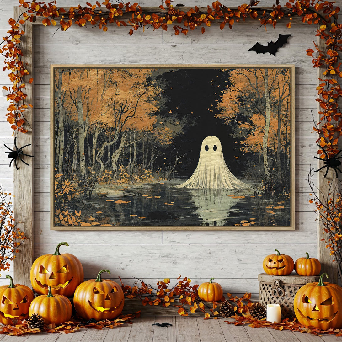 Framed Wall Art: Spooky ghost in a forest scene, autumn color palette, perfect for Halloween decor.