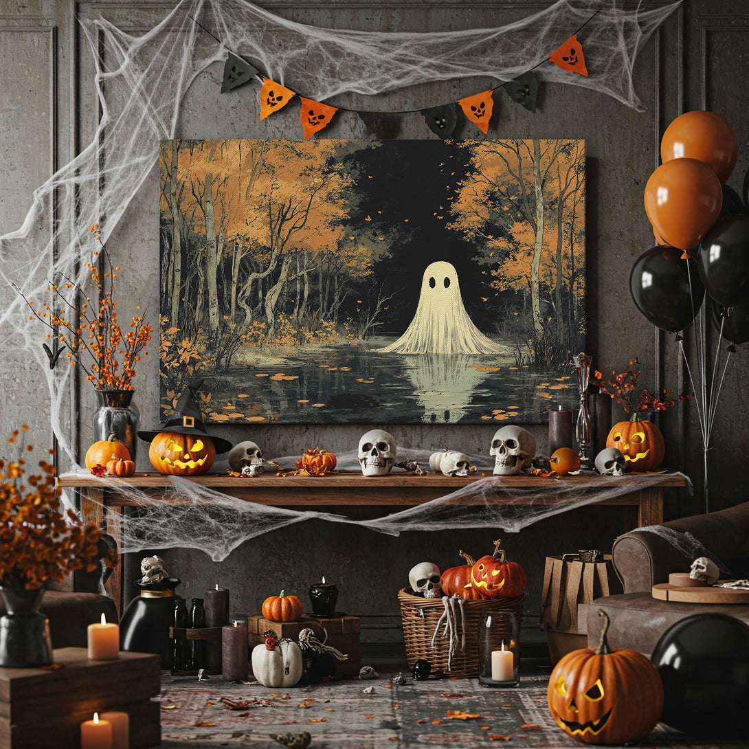 Framed Wall Art: Spooky ghost in a forest scene. Autumnal color palette with orange and black. Perfect Halloween decor!