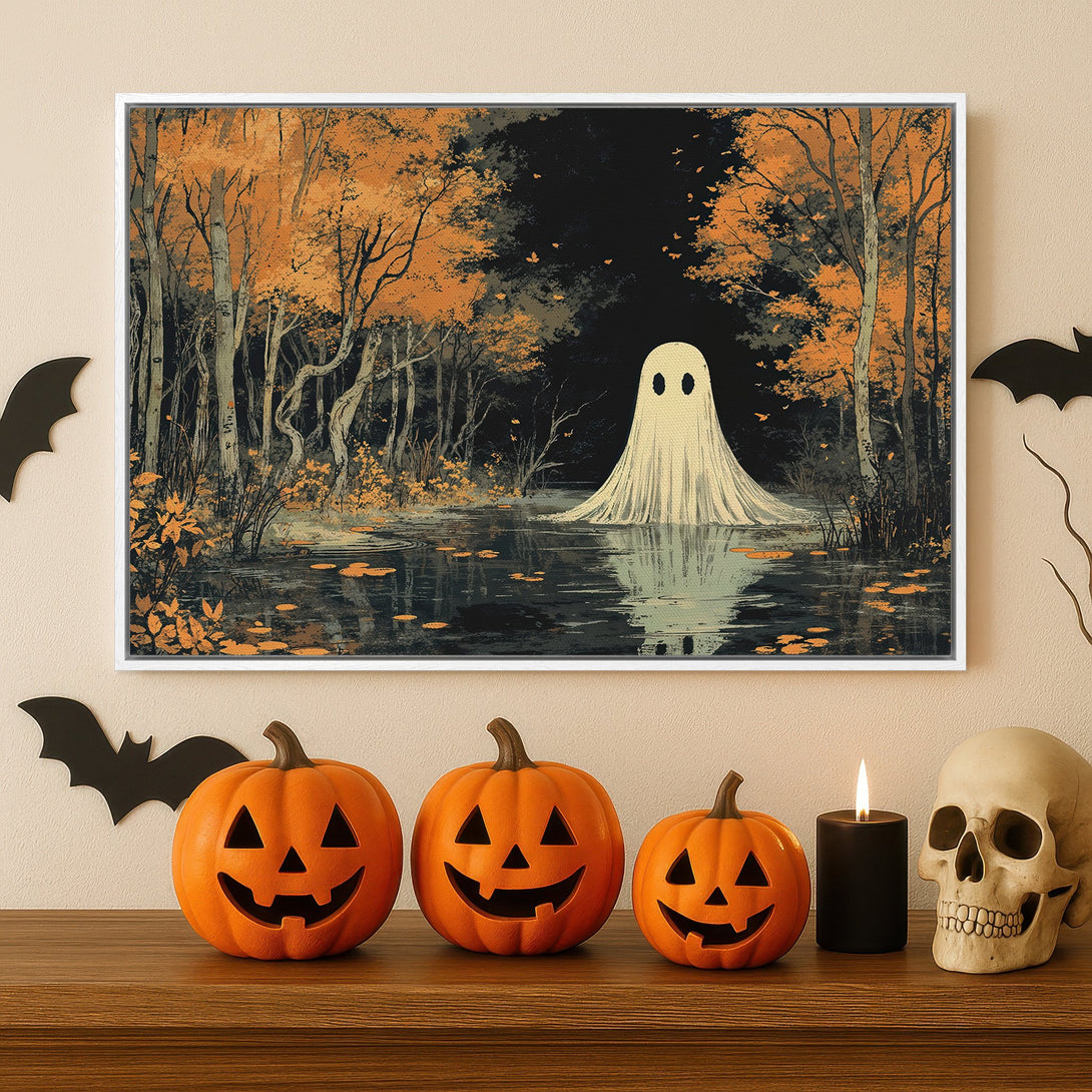 Framed Wall Art: Spooky ghost in a forest scene with orange and black color palette. Perfect Halloween decor for your home!