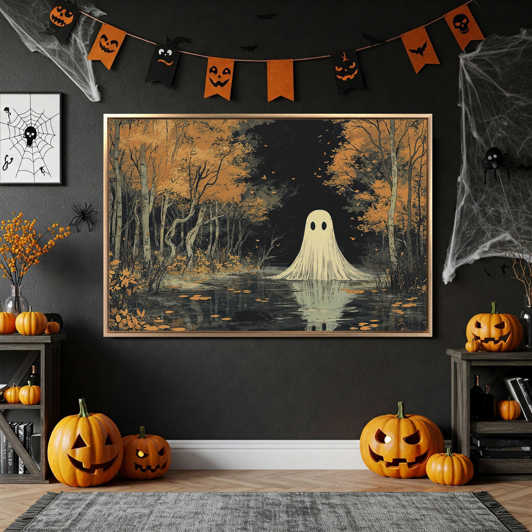 Framed Wall Art featuring a spooky ghost in a forest scene, perfect for Halloween decor. Autumnal color palette with orange, black, and gold tones. Add a touch of eerie elegance!