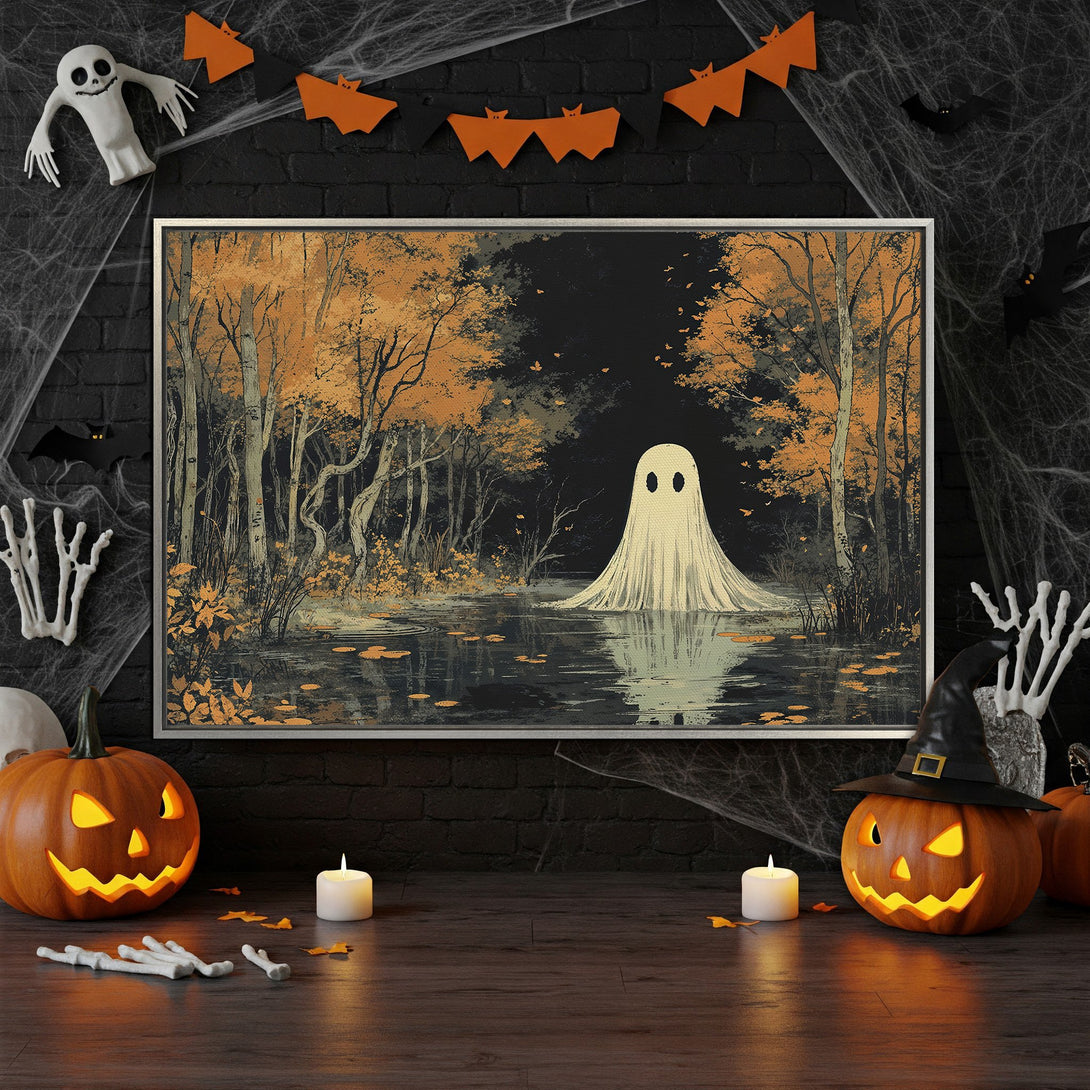Framed Wall Art: Spooky ghost in a forest scene with autumn colors. Perfect Halloween decor! Add this canvas print to your spooky collection.