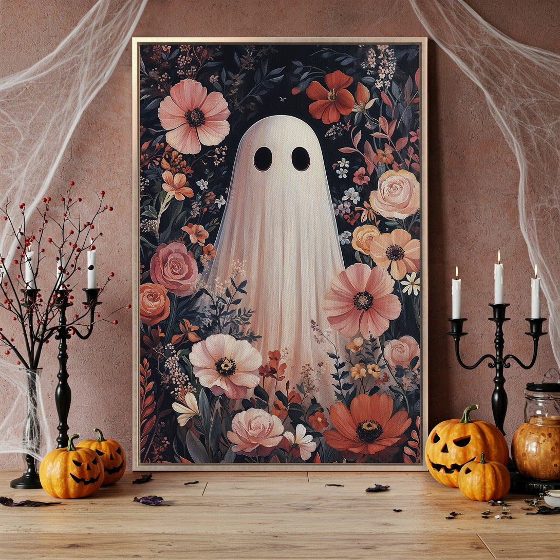 Framed Wall Art: Whimsical ghost surrounded by flowers, artistic style, warm color palette. Perfect Halloween decor! Shop now.