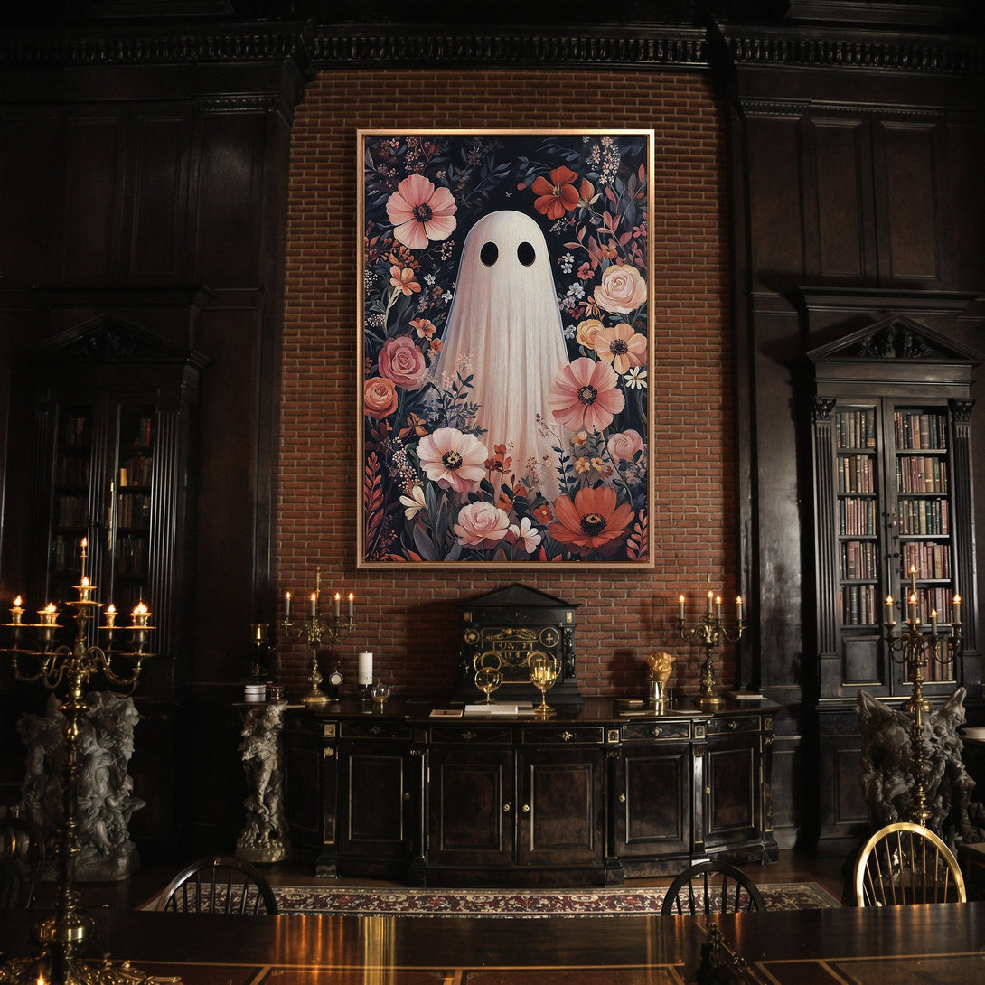Framed Wall Art: Whimsical ghost in floral garden, dark moody aesthetic. Canvas print features a soft color palette of pinks, oranges, and greens.