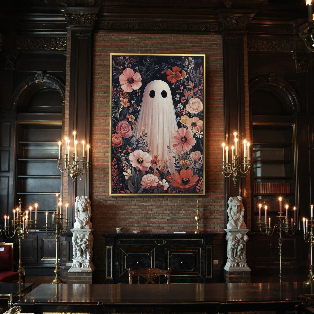 Canvas Print featuring a floral ghost illustration in a dark, vintage style with a warm, autumnal color palette. Spooky wall decor.