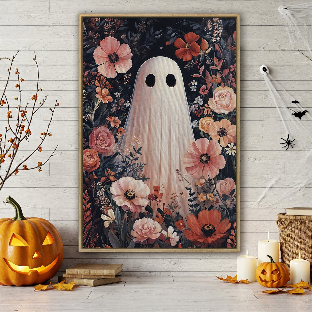 Framed Wall Art: Floral ghost print with a vintage style, featuring a soft color palette of pinks, oranges, and dark greens, perfect for Halloween decor.
