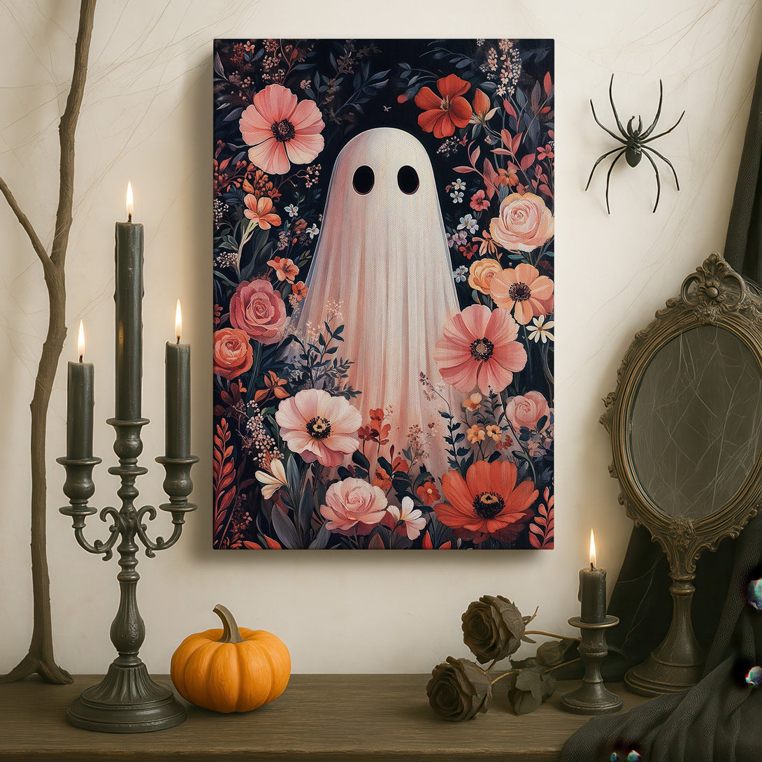 Framed Wall Art: Whimsical ghost art with floral details, displayed in a classic interior. Featuring a dark, moody color palette with pops of pink and orange.
