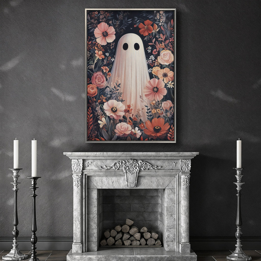 Framed Wall Art featuring a whimsical ghost surrounded by flowers, in a dark and moody style with a warm, earthy color palette. Perfect for Halloween decor!