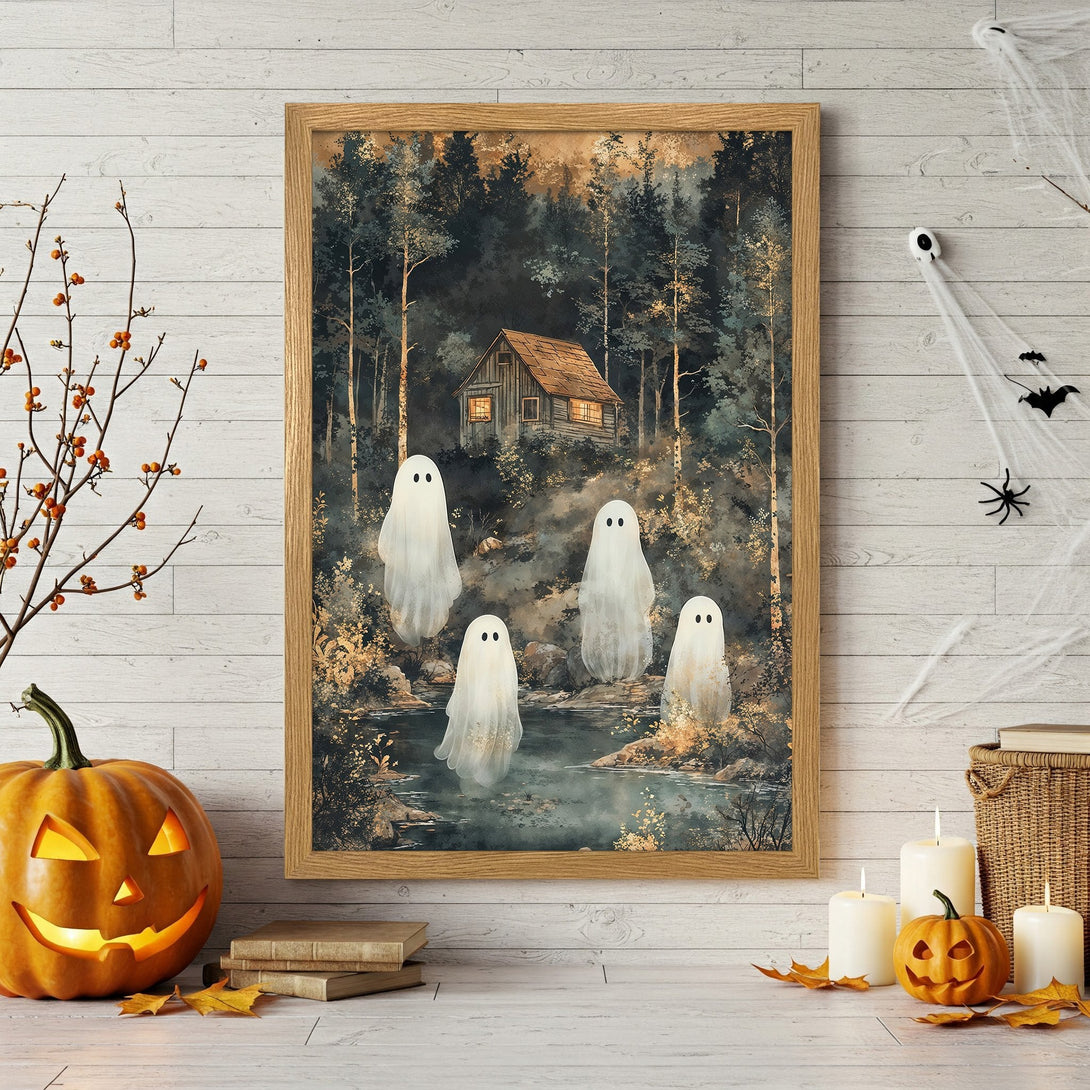 Framed Poster: Spooky Halloween scene with ghosts, cabin, and forest. Watercolor style, earthy tones. Perfect fall decor!