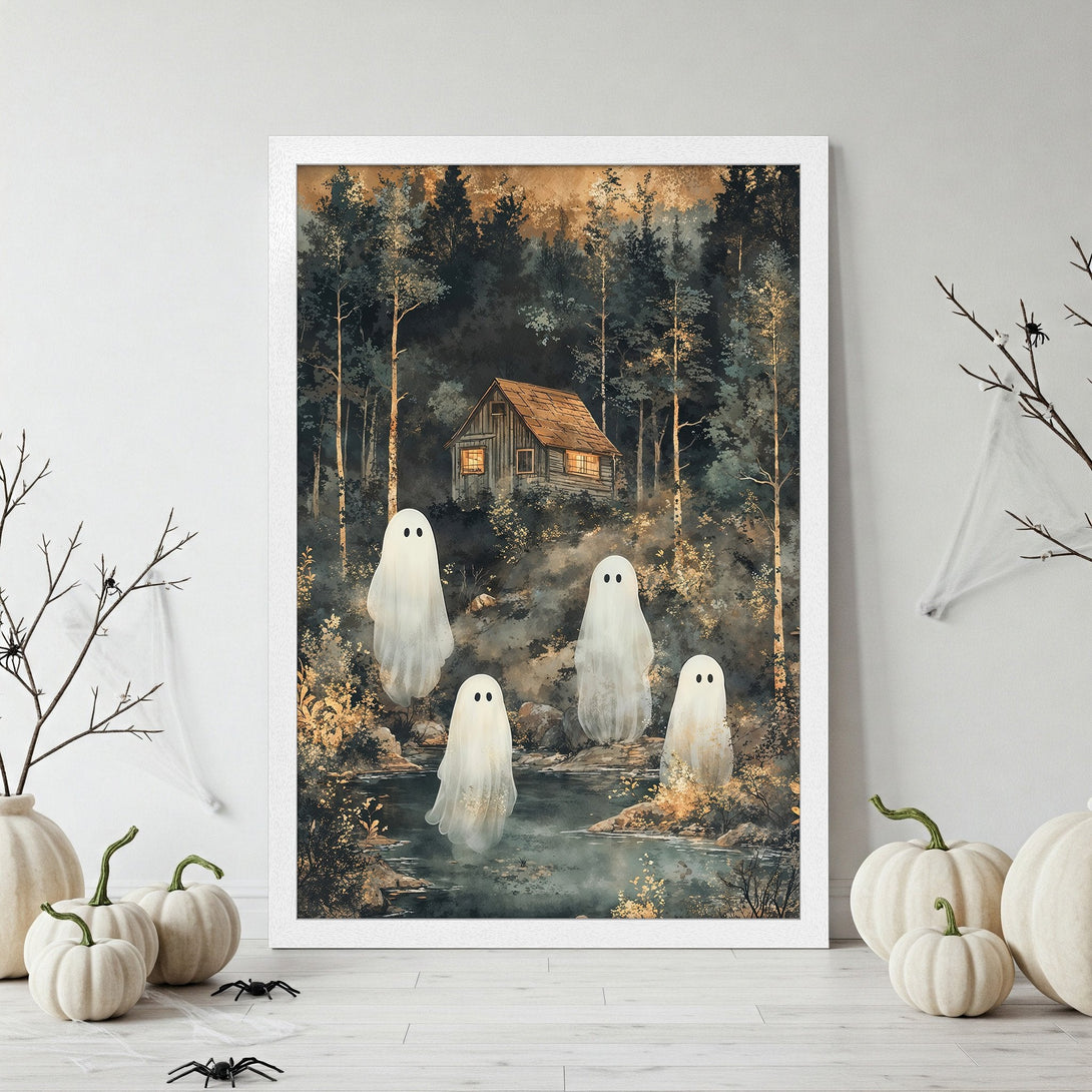 Framed Poster featuring whimsical ghosts in a forest scene with a cabin. Watercolor style with a muted, autumnal color palette. Perfect Halloween decor.