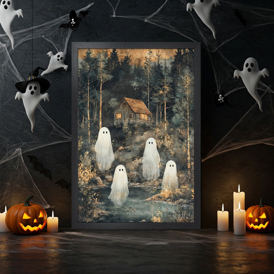 Framed Poster featuring a spooky forest scene with ghosts, in a dark, moody color palette. Perfect Halloween decor!