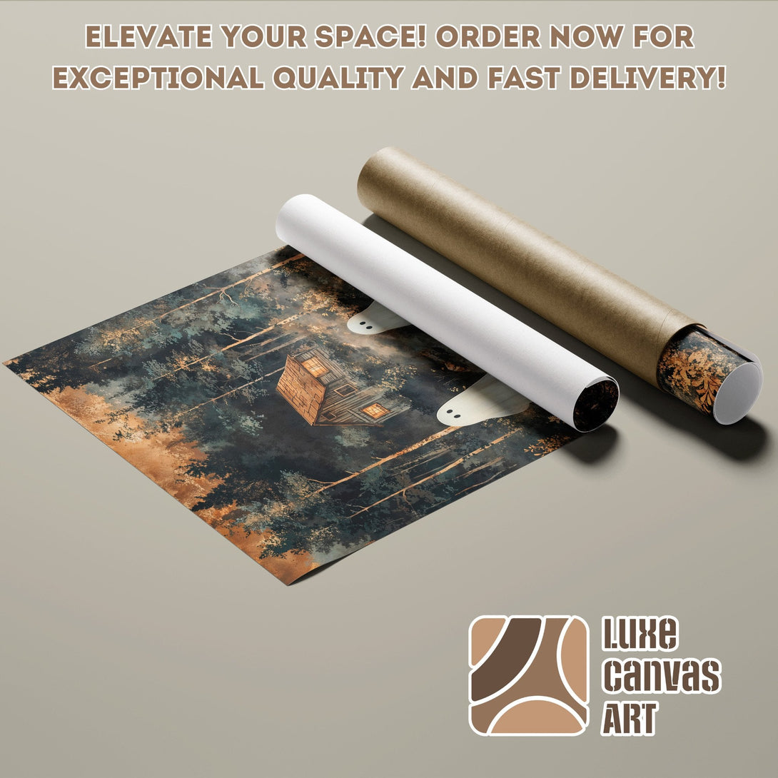 Poster Roll featuring a spooky forest scene in dark teal and gold tones. Elevate your space!