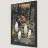 Haunted Forest Art Poster with Ethereal Ghosts and Spooky Cabin